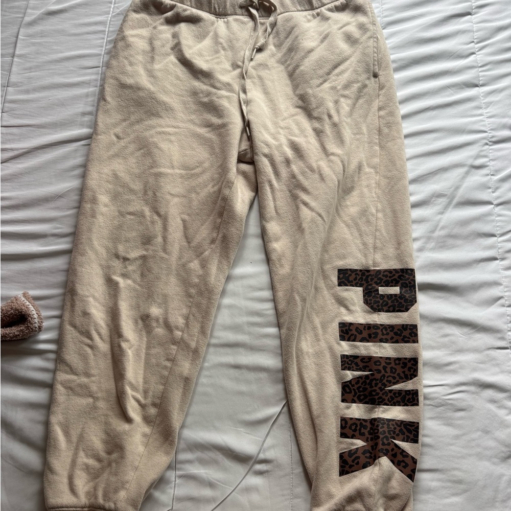 Beige PINK Sweatpants with Leopard PINK Logo